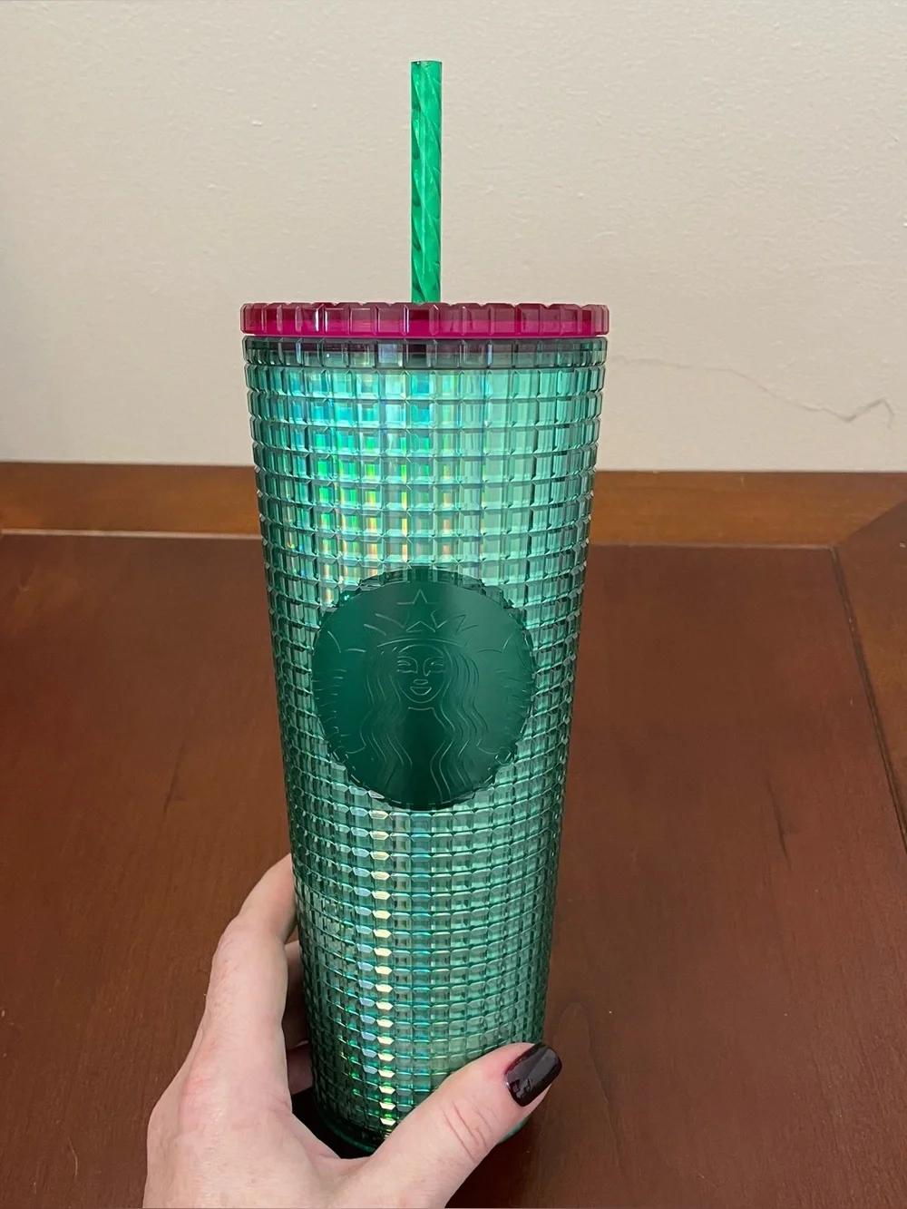 NEW STARBUCKS WATERMELON GREEN PINK GRID STUDDED COLD CUP Travel Tumbler 24 oz